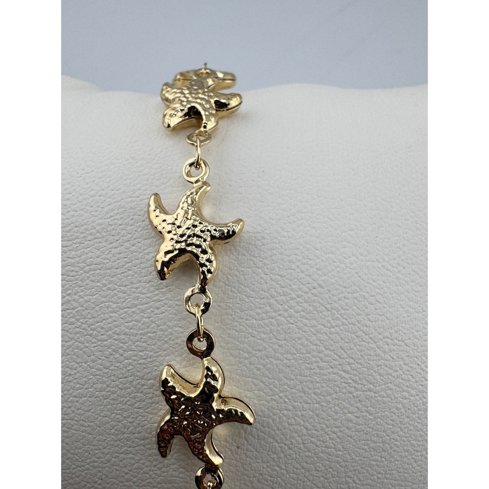 14k Gold Plated Starfish Link‎ Bracelet Nautical Beach Textured Sea Star Jewelry